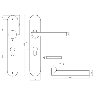 Deurklink Teramo op schild tekening PC55 steekmaat