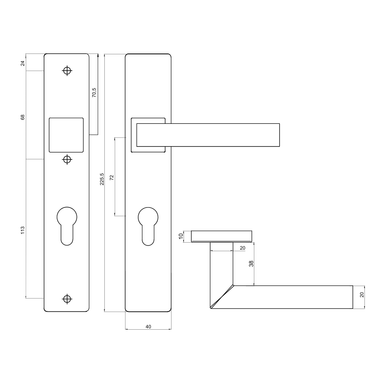 Maatvoering van deurklink Viterbo op schild PC72 mm